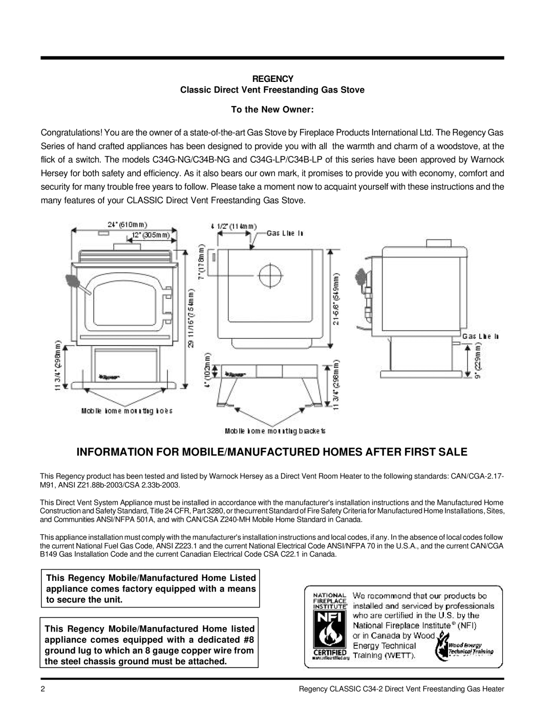 Regency C34-NG2, C34-LP2 installation manual Information for MOBILE/MANUFACTURED Homes After First Sale 