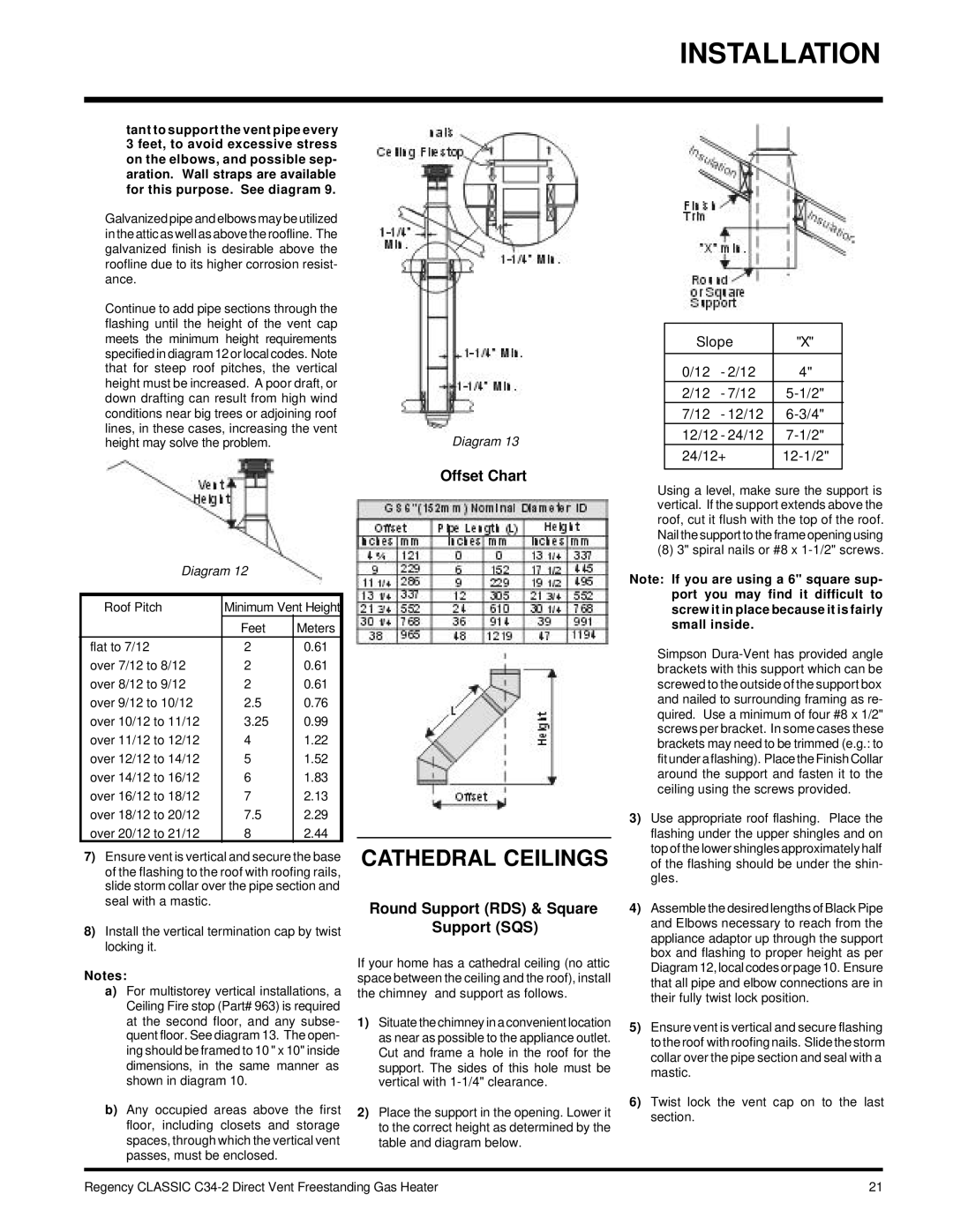 Regency C34-LP2, C34-NG2 installation manual Cathedral Ceilings, Offset Chart, Round Support RDS & Square Support SQS 