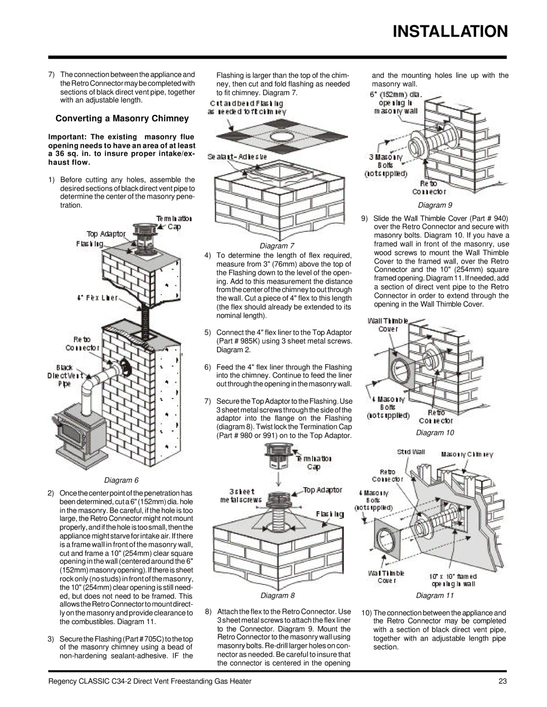 Regency C34-LP2, C34-NG2 installation manual Converting a Masonry Chimney 