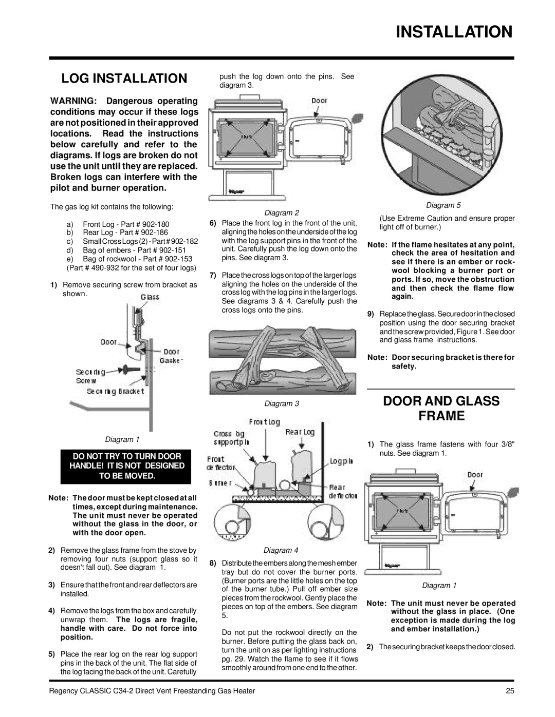 Regency C34-LP2, C34-NG2 installation manual LOG Installation, Frame 