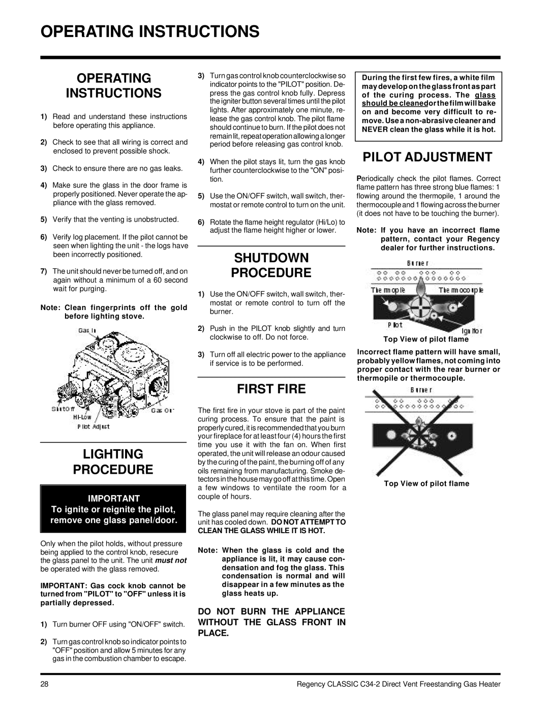 Regency C34-NG2, C34-LP2 installation manual Operating Instructions 