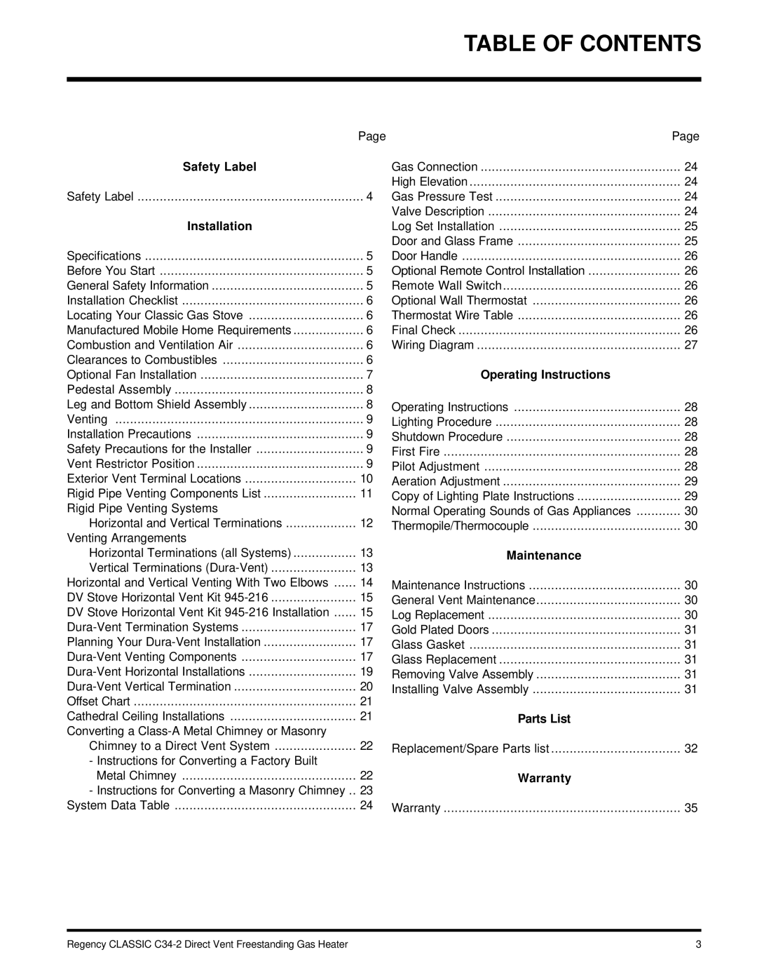 Regency C34-LP2, C34-NG2 installation manual Table of Contents 