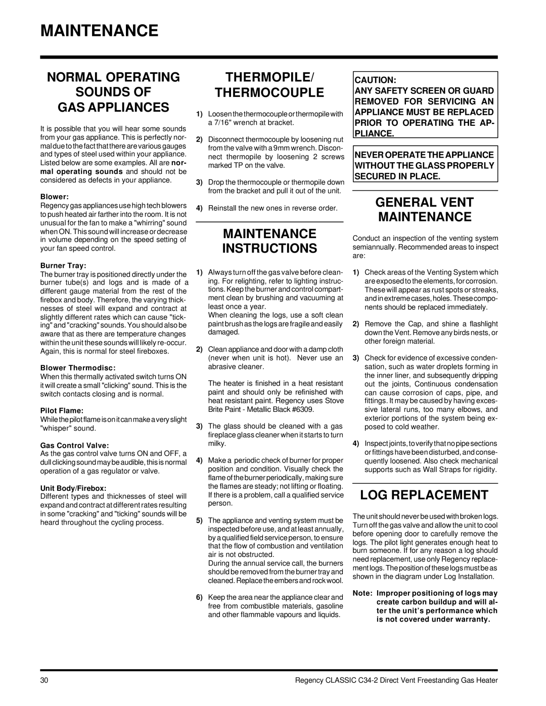 Regency C34-NG2, C34-LP2 installation manual Maintenance 