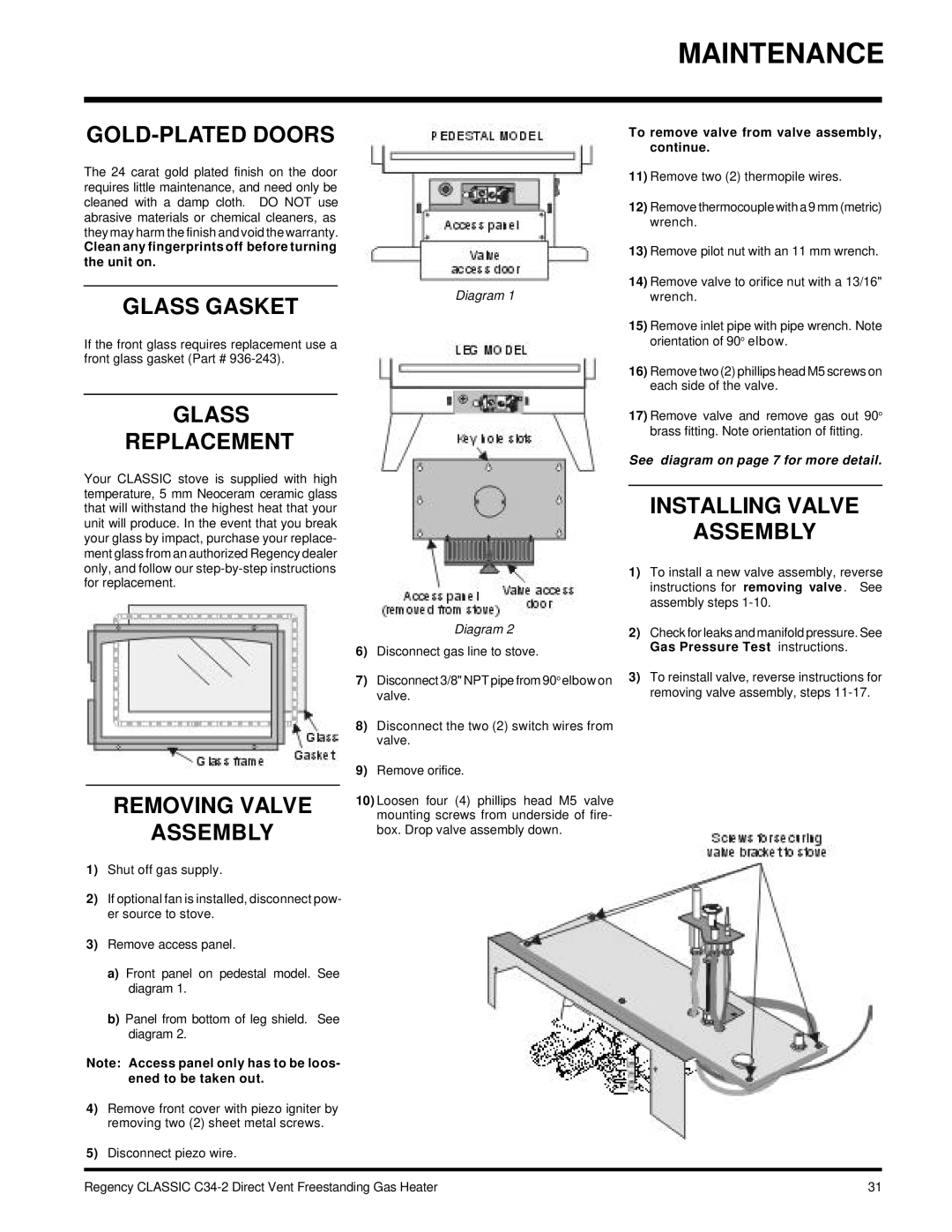 Regency C34-LP2 GOLD-PLATED Doors, Glass Gasket, Glass Replacement, Installing Valve Assembly, Removing Valve Assembly 