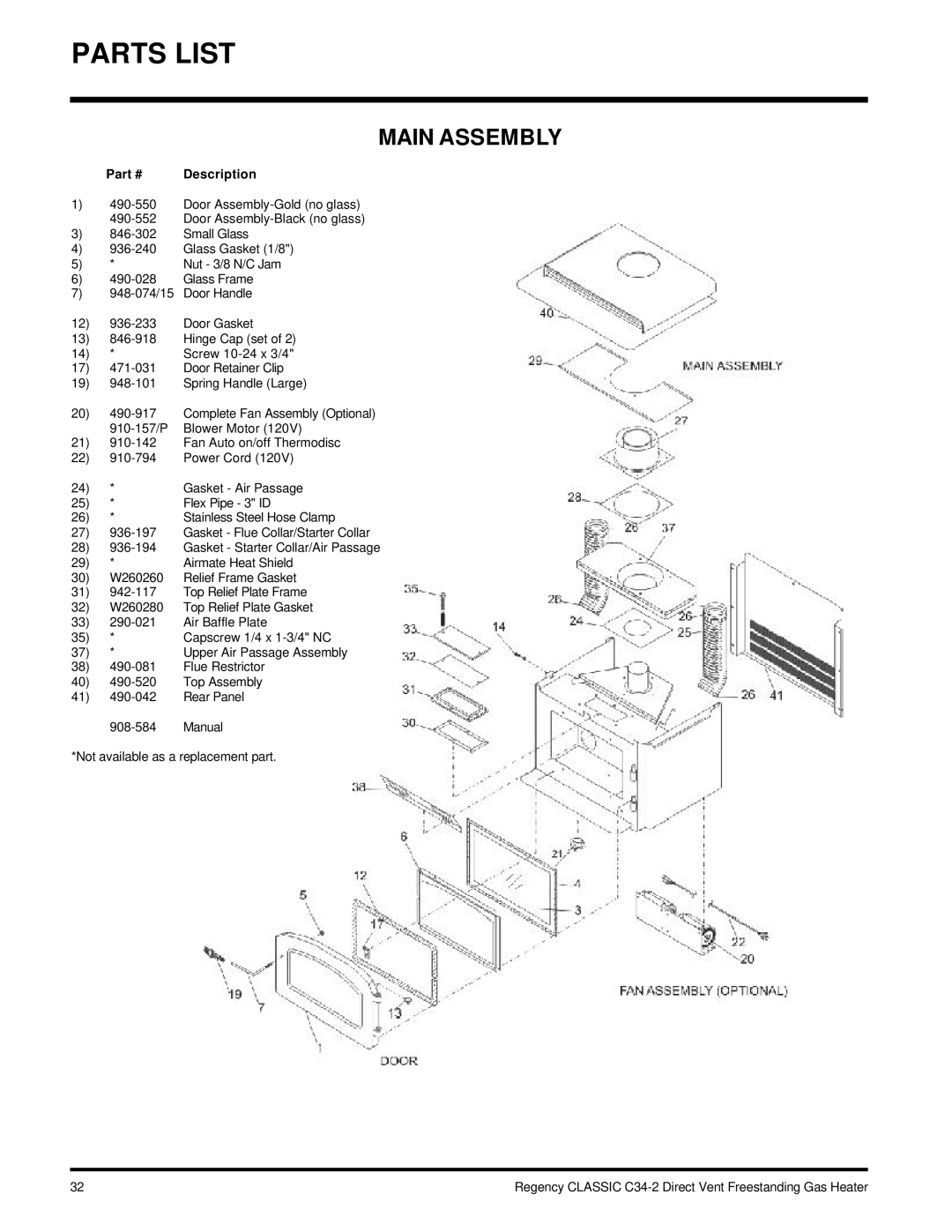 Regency C34-NG2, C34-LP2 installation manual Parts List, Main Assembly 