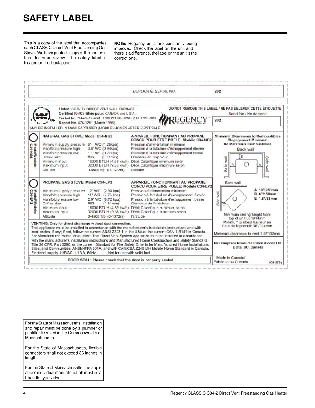 Regency C34-NG2, C34-LP2 installation manual Safety Label 