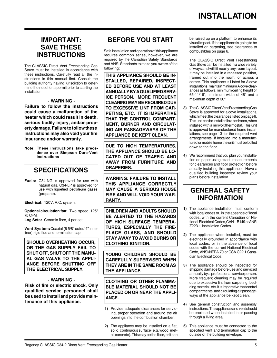 Regency C34-LP2 Installation, Save These Instructions, Specifications, Before YOU Start, General Safety Information 