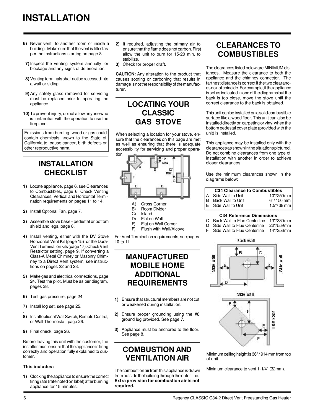 Regency C34-NG2, C34-LP2 Installation Checklist, Locating Your Classic GAS Stove, Combustion and Ventilation AIR 