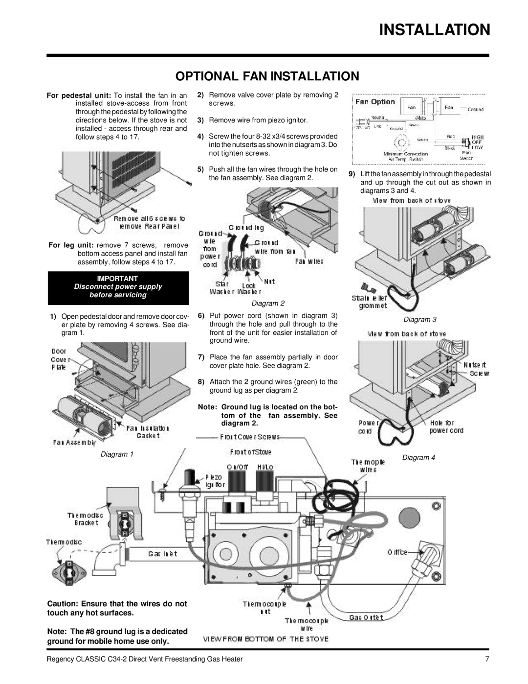 Regency C34-LP2, C34-NG2 installation manual Optional FAN Installation, Disconnect power supply Before servicing 