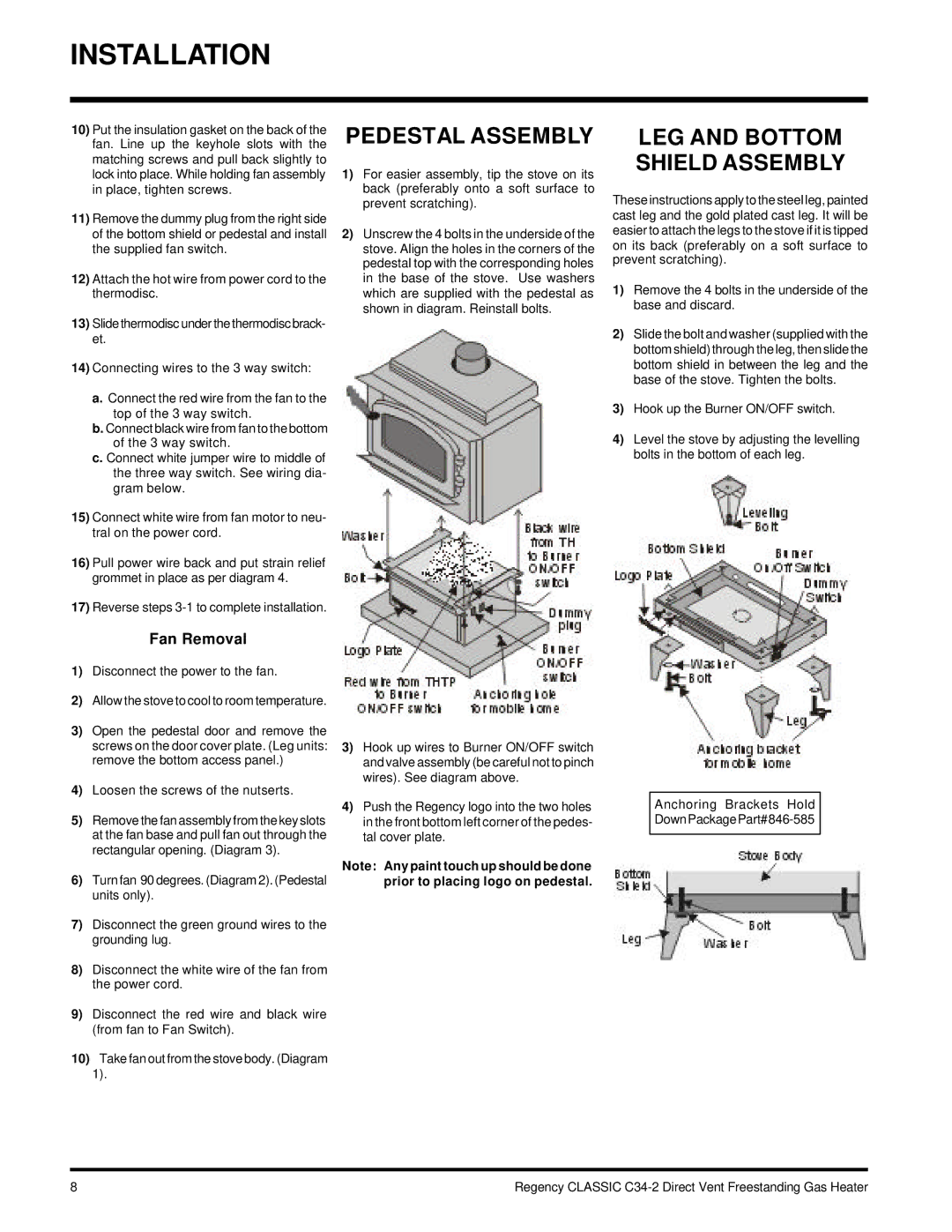 Regency C34-NG2, C34-LP2 installation manual Pedestal Assembly, LEG and Bottom Shield Assembly, Fan Removal 