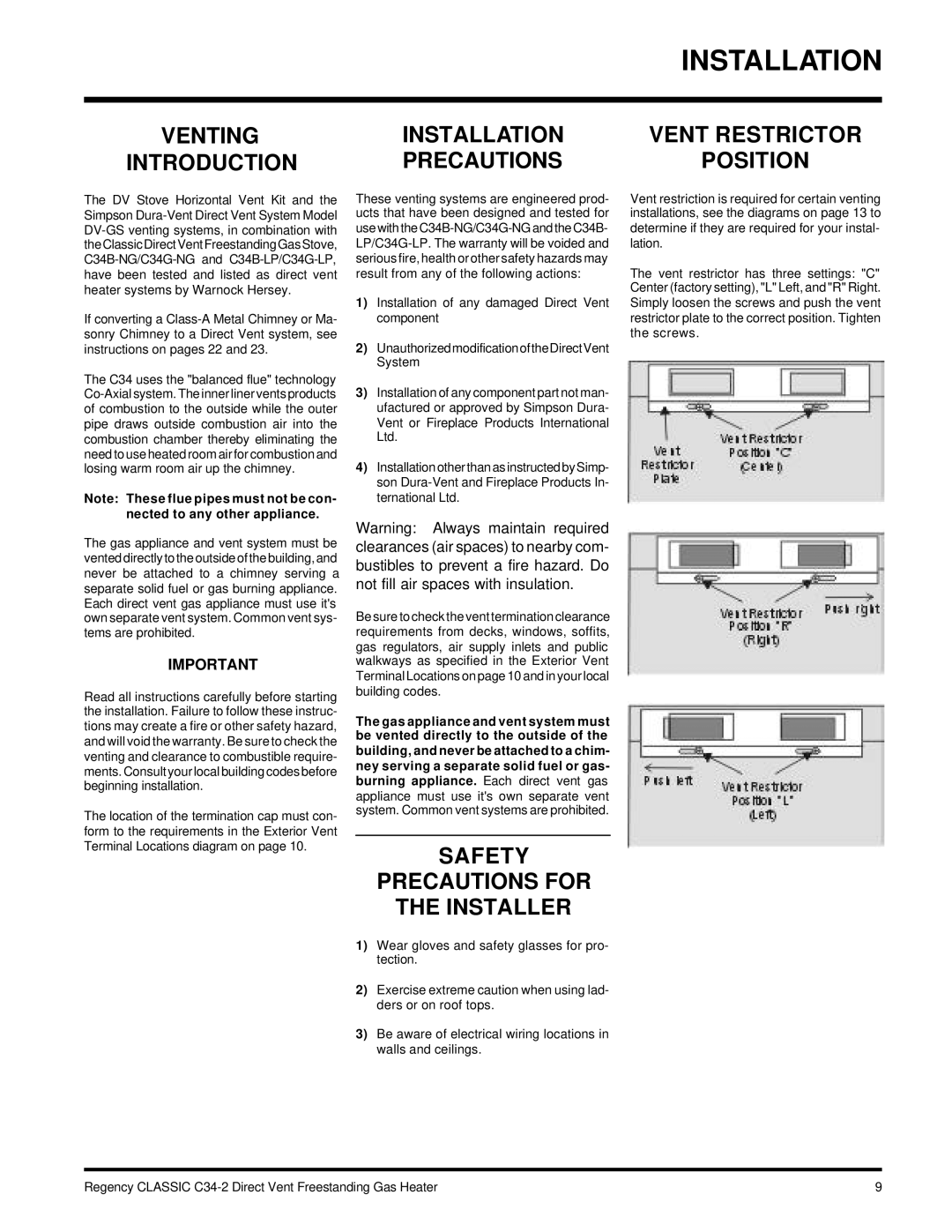 Regency C34-LP2, C34-NG2 installation manual Installation, Safety Precautions for the Installer 