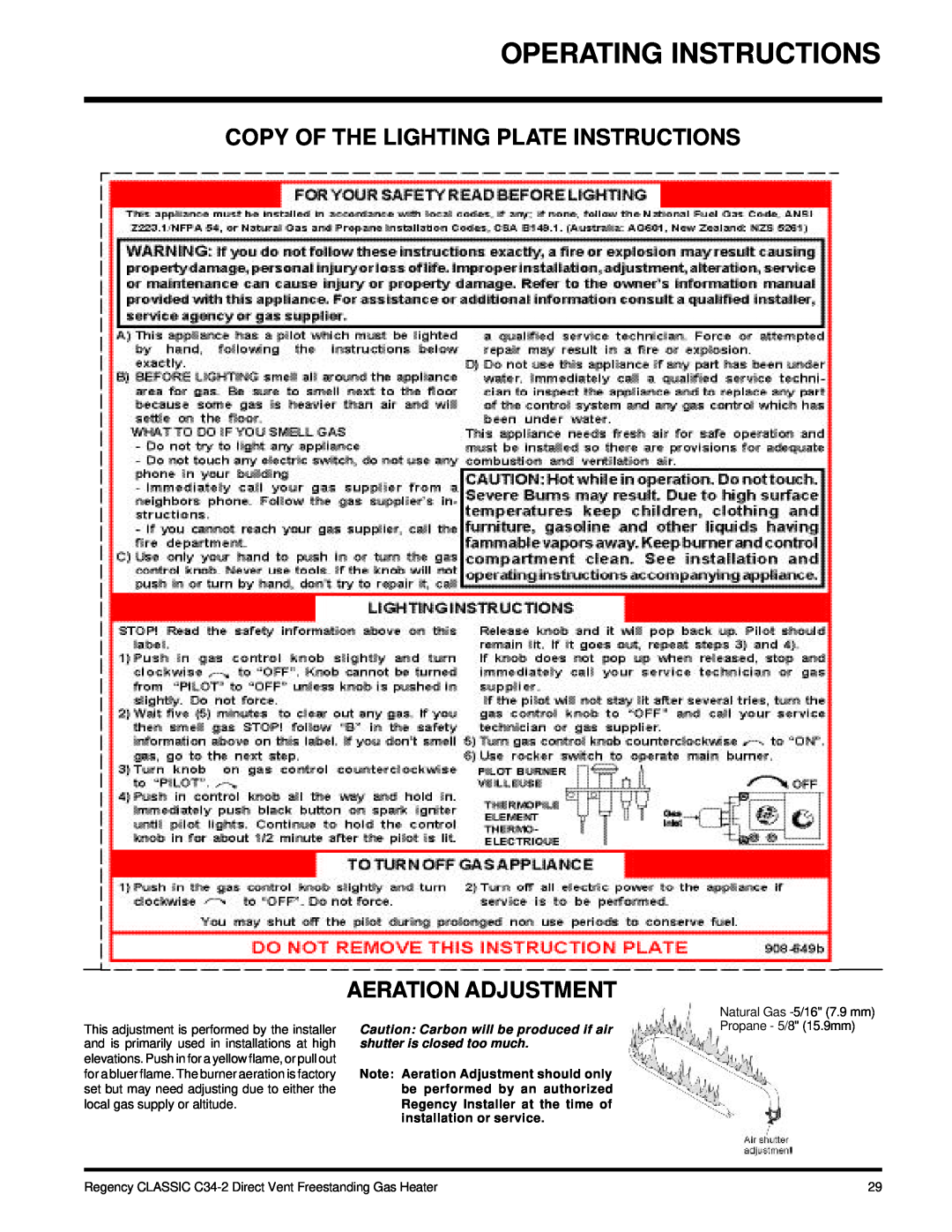 Regency C34-LP2, C34-NG2 Operating Instructions, Copy Of The Lighting Plate Instructions, Aeration Adjustment 