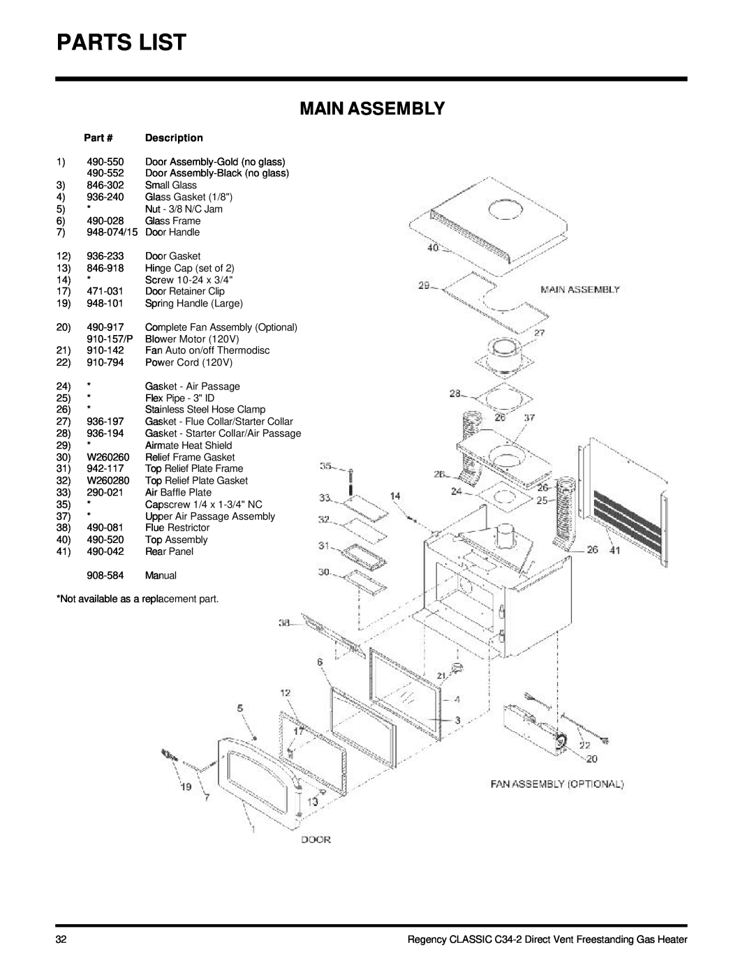 Regency C34-NG2, C34-LP2 installation manual Parts List, Main Assembly, Description 