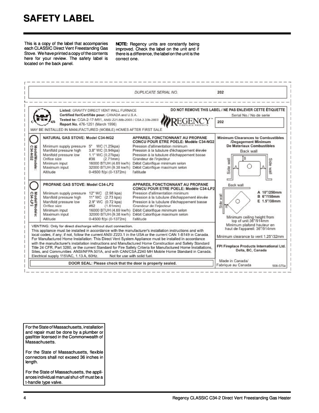 Regency C34-NG2, C34-LP2 installation manual Safety Label 