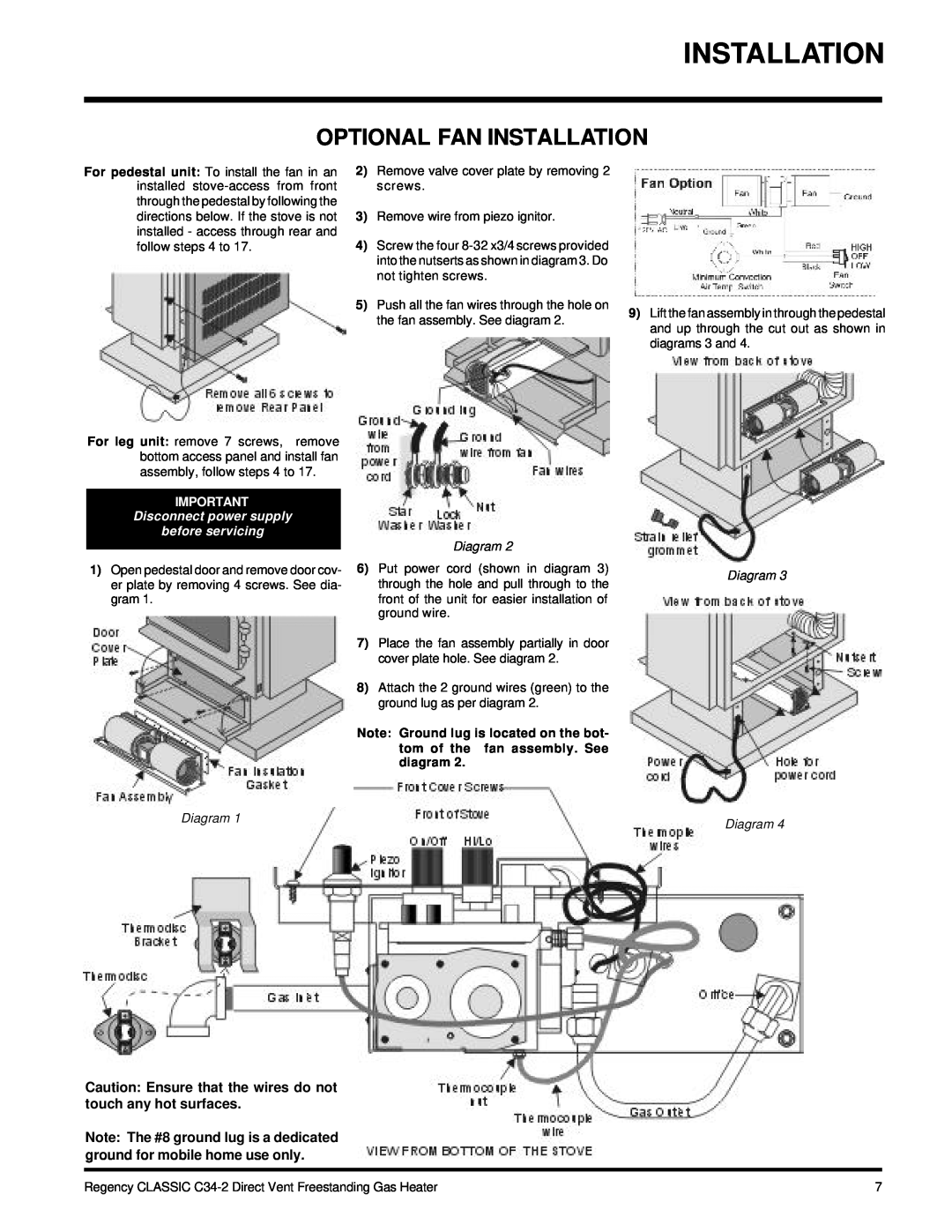 Regency C34-LP2, C34-NG2 installation manual Optional Fan Installation, Disconnect power supply before servicing 