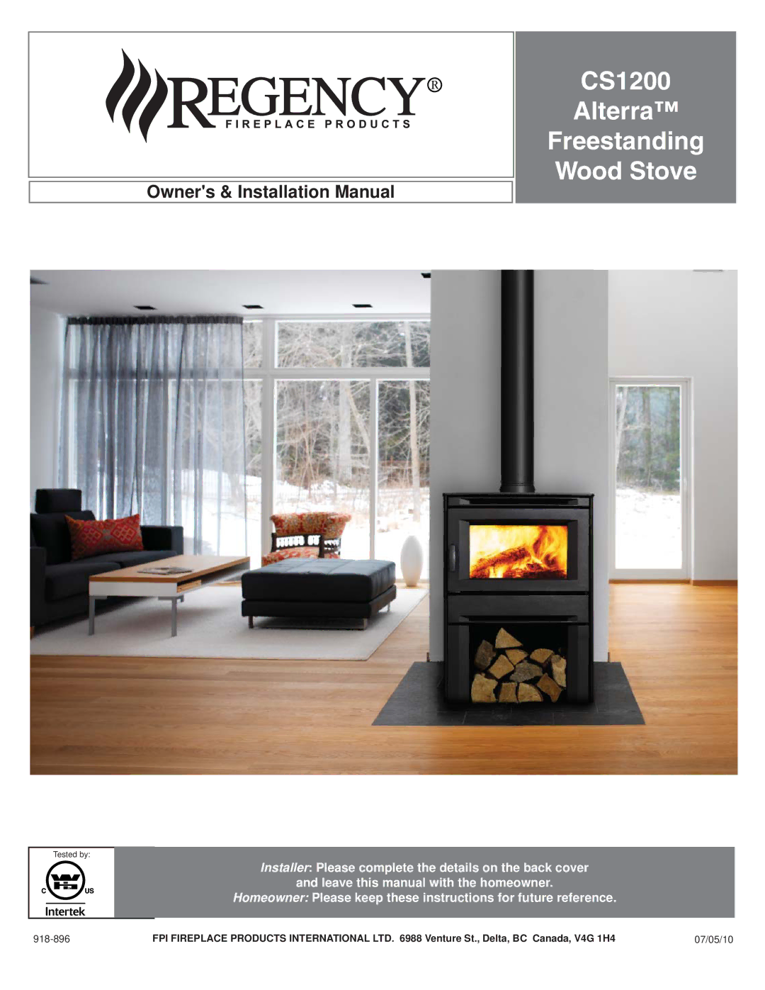 Regency installation manual CS1200 Alterra Freestanding Wood Stove 