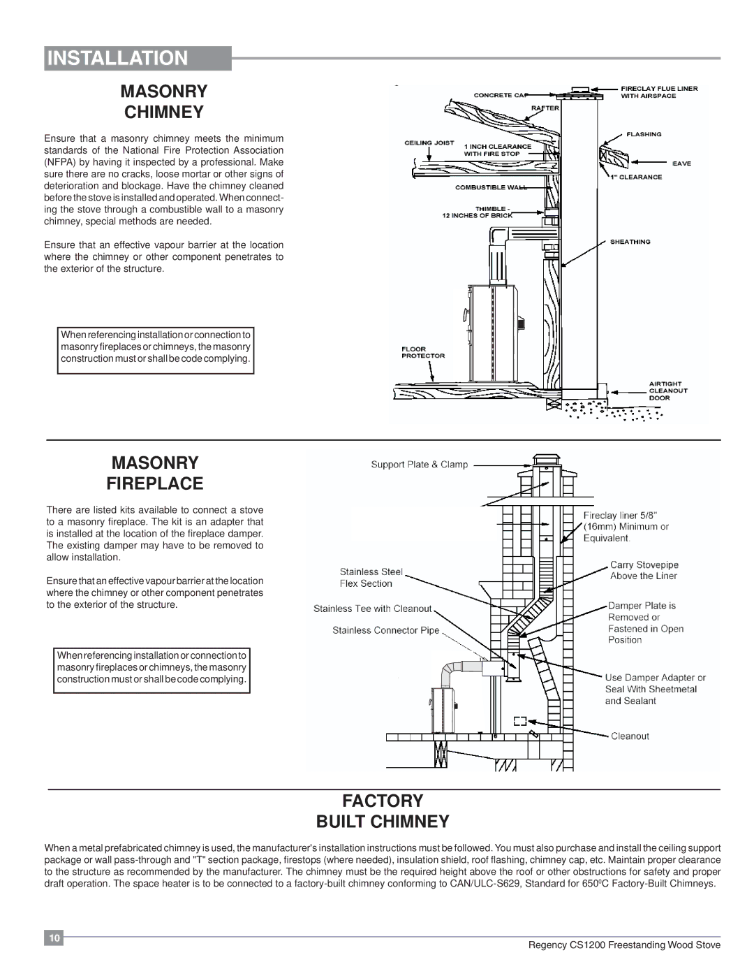 Regency CS1200 installation manual Masonry Chimney, Masonry Fireplace, Factory Built Chimney 