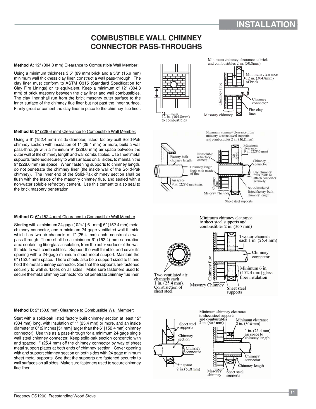 Regency CS1200 installation manual Combustible Wall Chimney Connector PASS-THROUGHS 