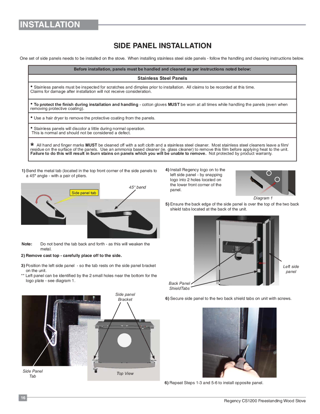 Regency CS1200 installation manual Side Panel Installation, Stainless Steel Panels 