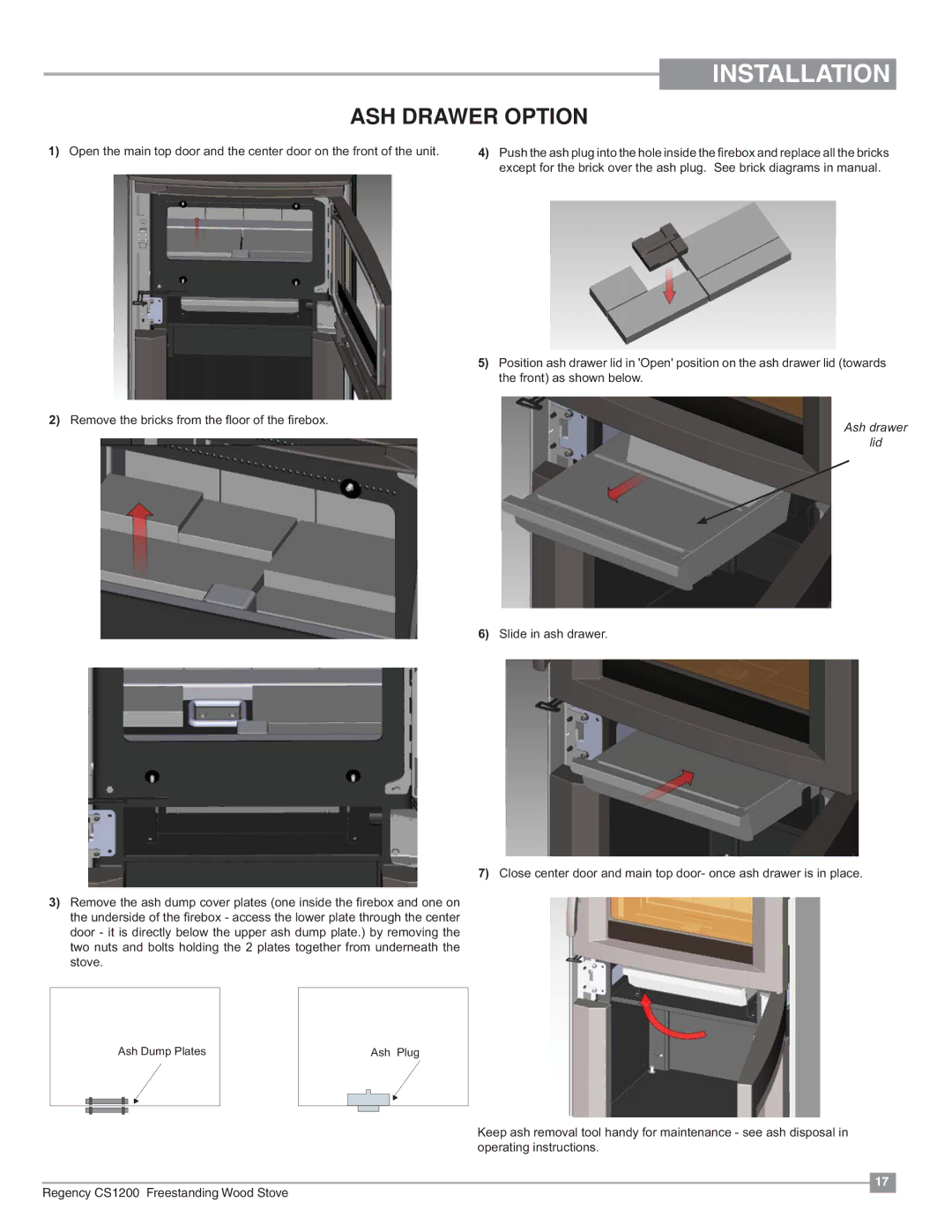 Regency CS1200 installation manual ASH Drawer Option, Ash drawer Lid 