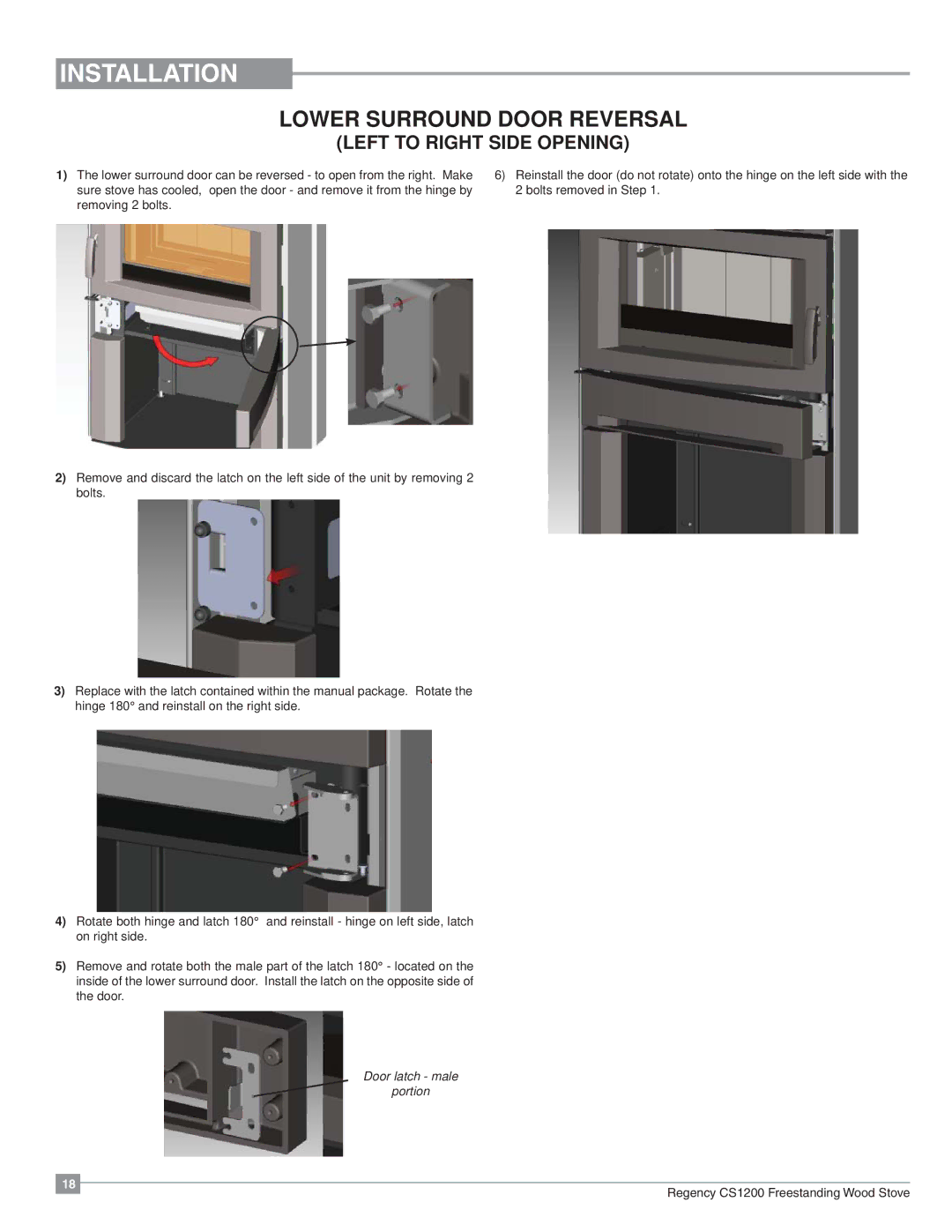 Regency CS1200 installation manual Lower Surround Door Reversal, Left to Right Side Opening 