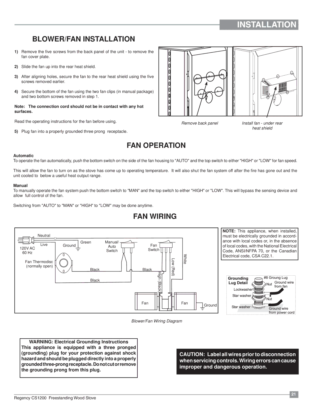 Regency CS1200 installation manual BLOWER/FAN Installation, FAN Operation, FAN Wiring 