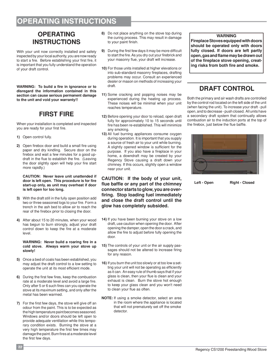 Regency CS1200 installation manual Operating Instructions, Draft Control, First Fire 