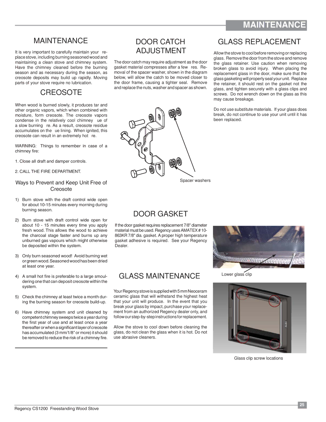 Regency CS1200 installation manual Maintenance, Creosote, Door Catch Adjustment, Glass Replacement, Door Gasket 