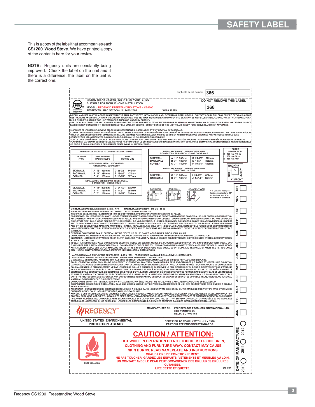 Regency CS1200 installation manual Safety Label 