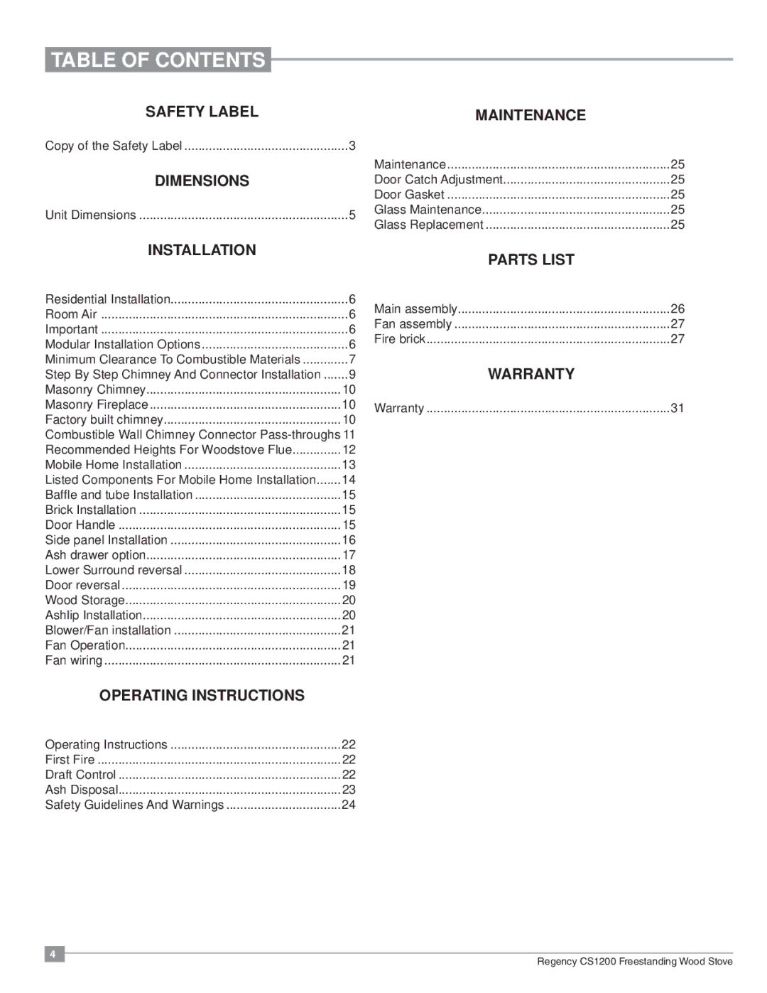 Regency CS1200 installation manual Table of Contents 