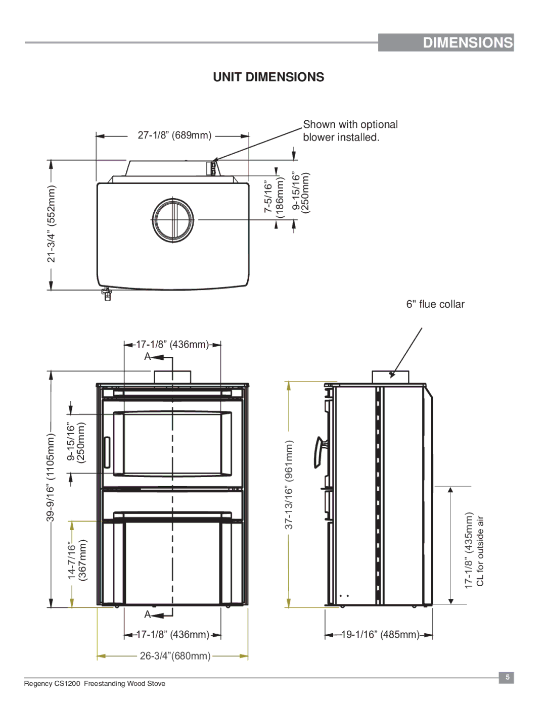 Regency CS1200 installation manual Unit Dimensions 