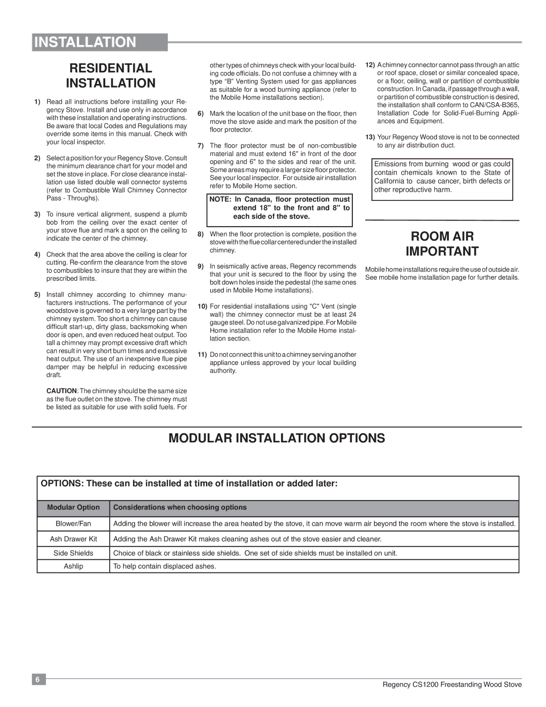 Regency CS1200 installation manual Residential Installation, Room AIR, Modular Installation Options 