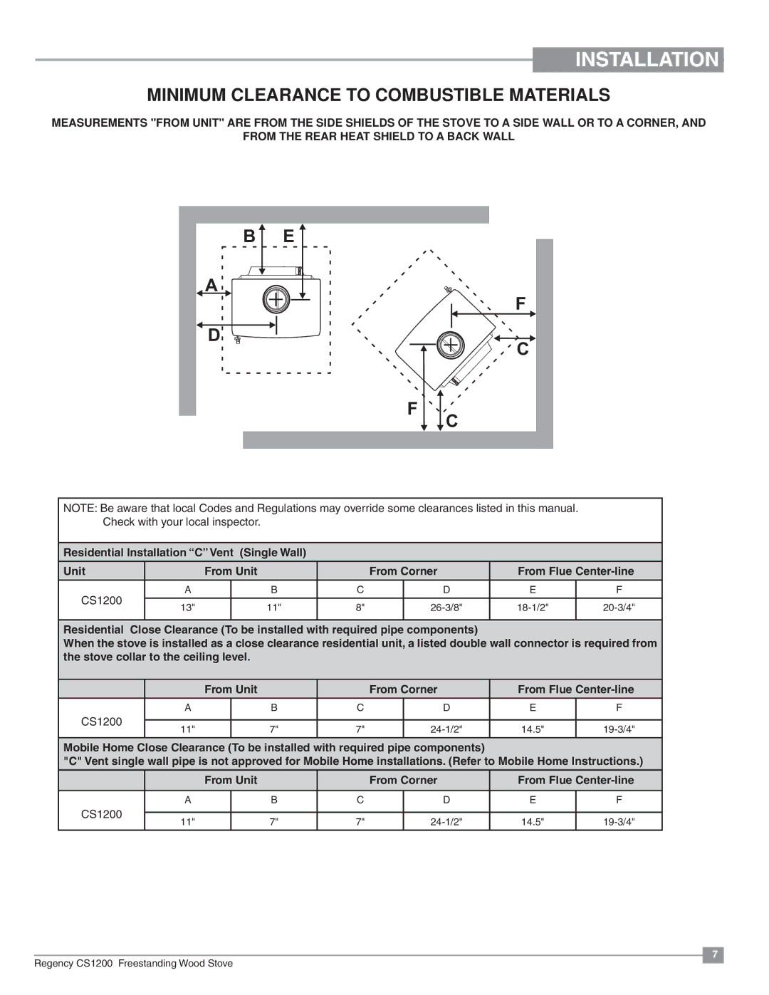 Regency CS1200 installation manual Minimum Clearance to Combustible Materials 