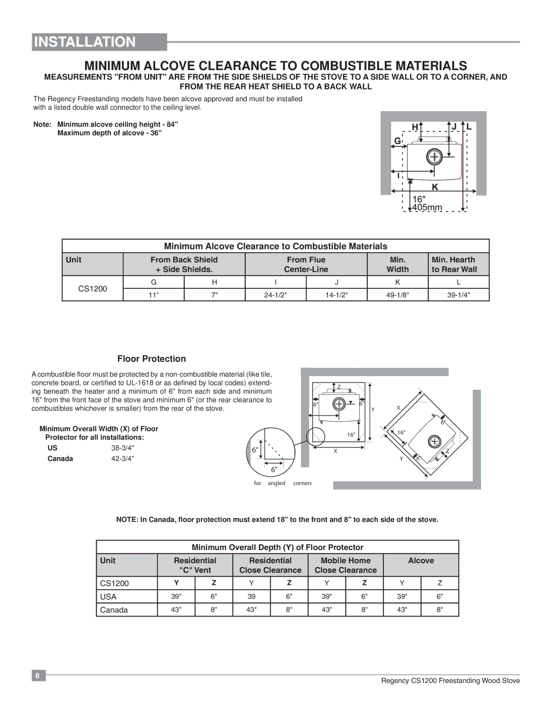 Regency CS1200 installation manual Minimum Alcove Clearance to Combustible Materials 