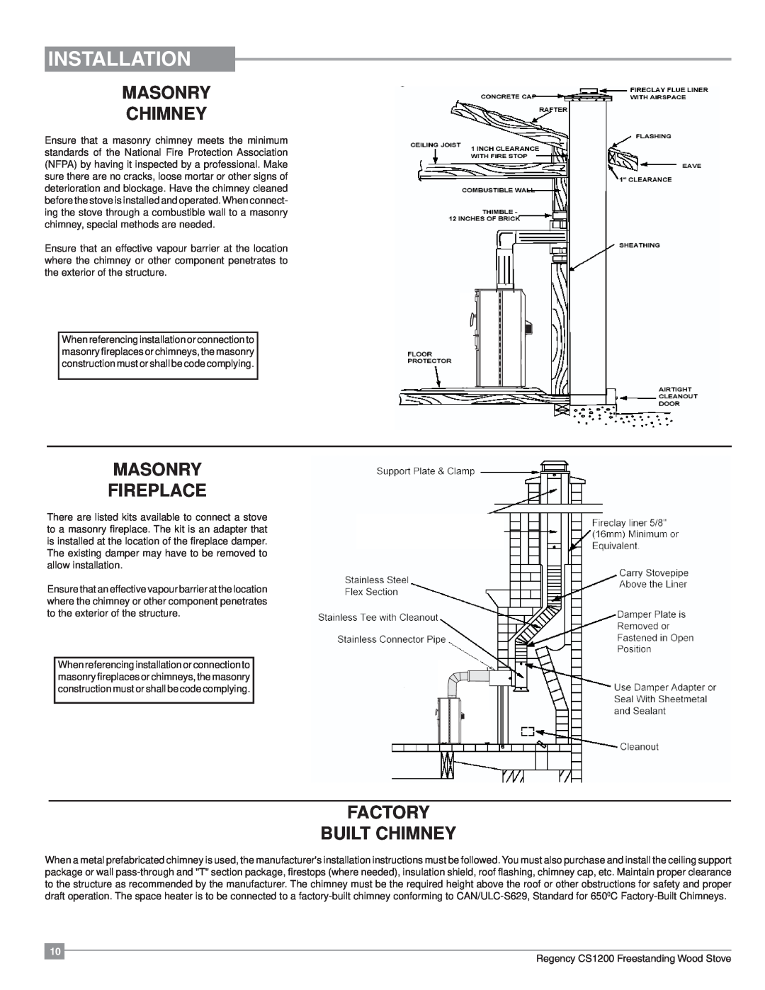 Regency CS1200 installation manual Installation, Masonry Chimney, Masonry Fireplace, Factory Built Chimney 