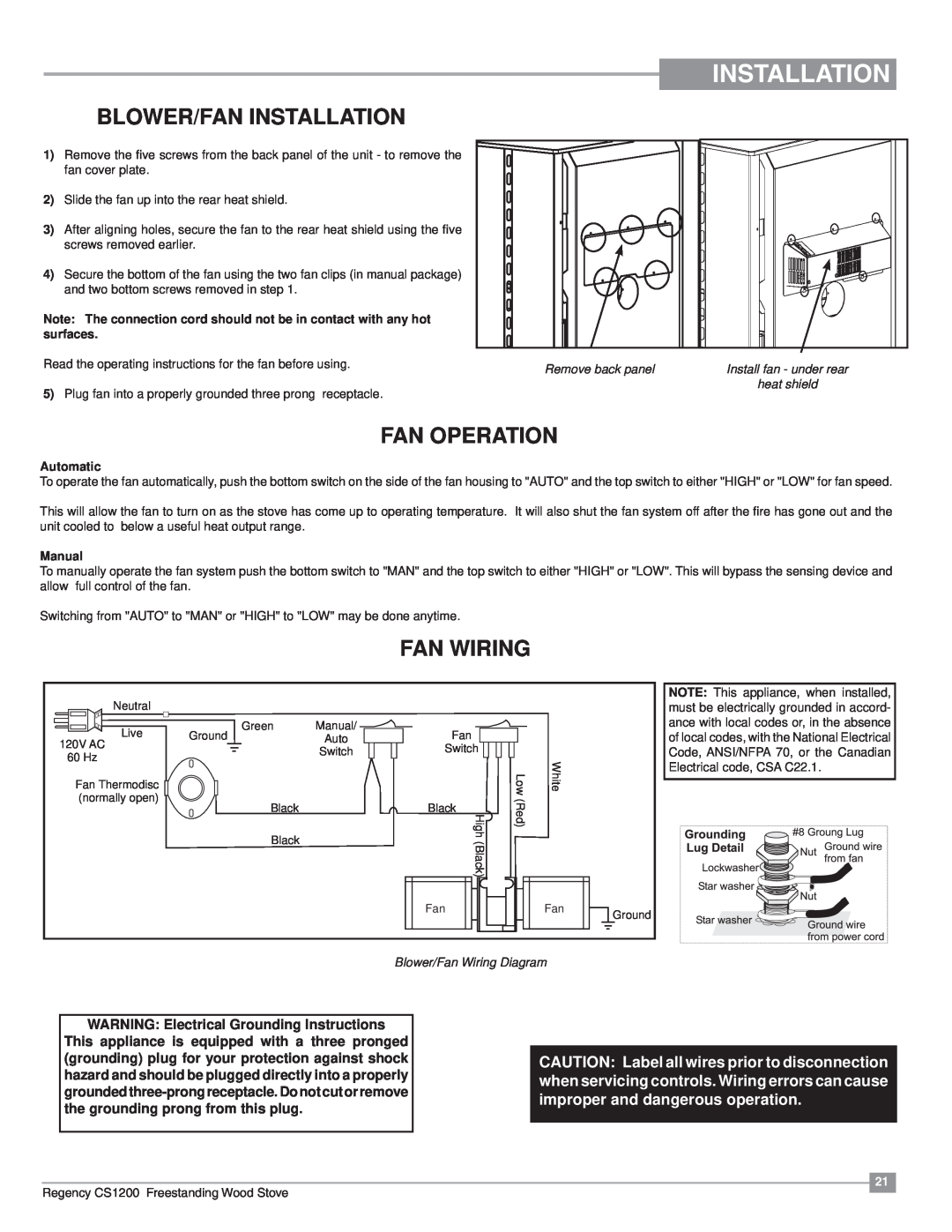 Regency CS1200 Blower/Fan Installation, Fan Operation, Fan Wiring, WARNING Electrical Grounding Instructions, Manual 