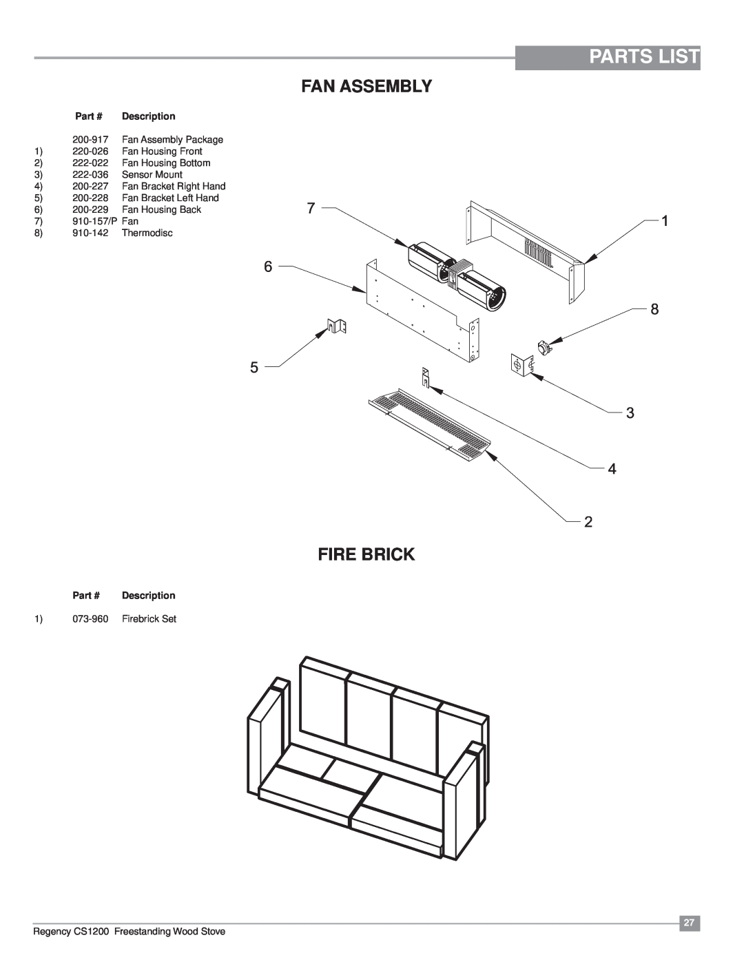 Regency CS1200 installation manual Parts List, Fan Assembly, Fire Brick, 1 8 3, Description 