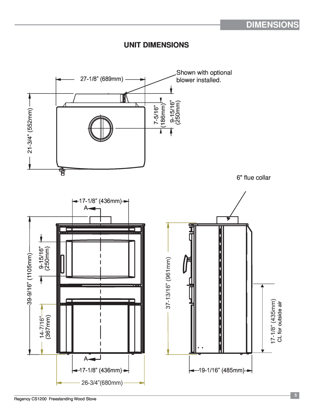 Regency CS1200 installation manual Unit Dimensions, 961mm, 37-13/16”, 14-7/16”, 26-3/4”680mm, 17-1/8”435mm 