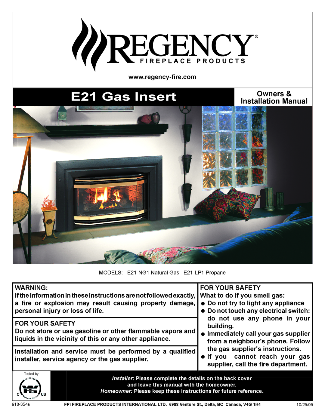 Regency E21-NG1, E21-LP1 installation manual E21 Gas Insert, 918-354a 10/25/05 