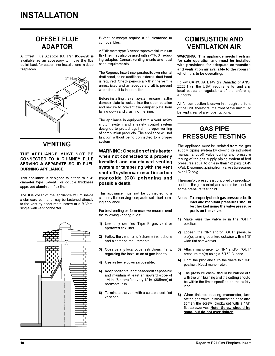 Regency E21-LP1, E21-NG1 installation manual Offset Flue Adaptor, Venting, GAS Pipe Pressure Testing 