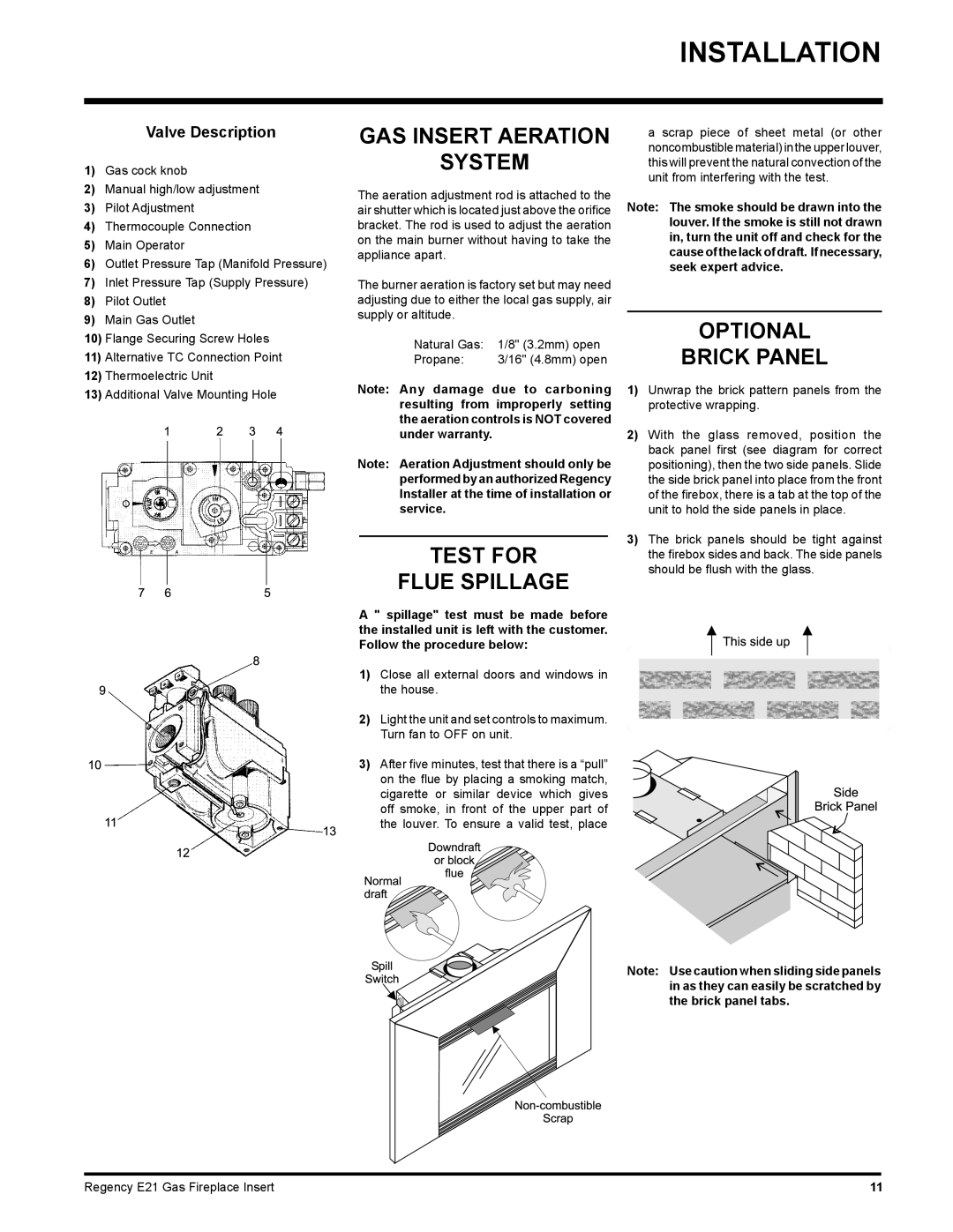 Regency E21-NG1, E21-LP1 GAS Insert Aeration System, Test for Flue Spillage, Optional Brick Panel, Valve Description 