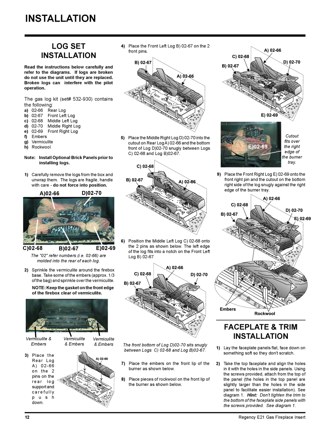 Regency E21-LP1, E21-NG1 LOG SET Installation, Faceplate & Trim Installation, A02-66 D02-70 C02-68 B02-67 E02-69 