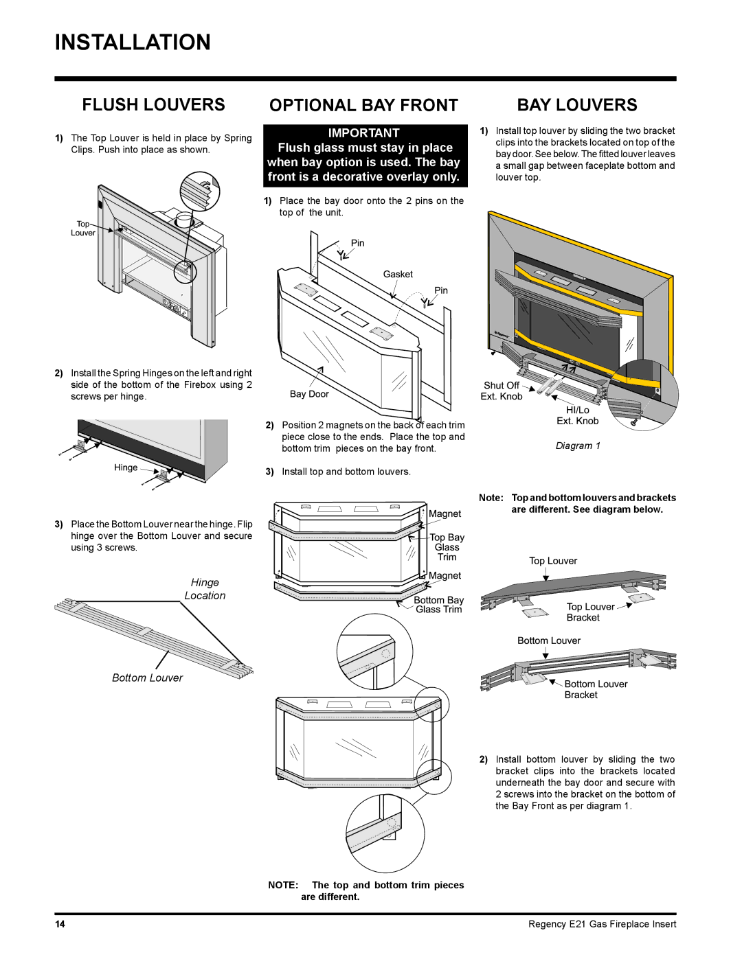 Regency E21-LP1, E21-NG1 installation manual Flush Louvers, BAY Louvers, Are different. See diagram below 