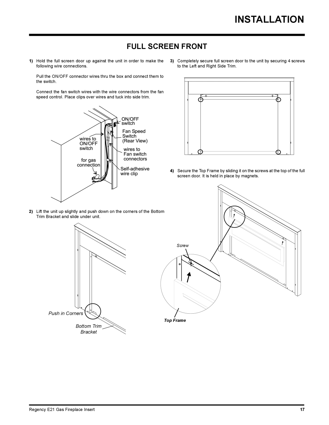 Regency E21-NG1, E21-LP1 installation manual Full Screen Front 