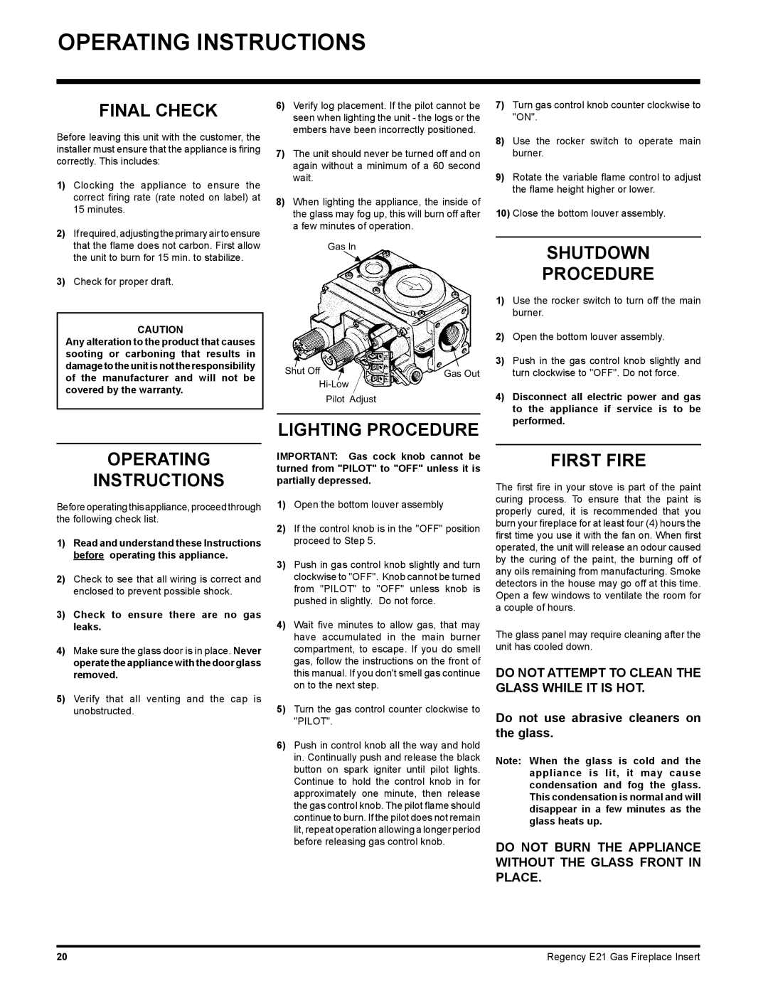 Regency E21-LP1, E21-NG1 installation manual Operating Instructions 