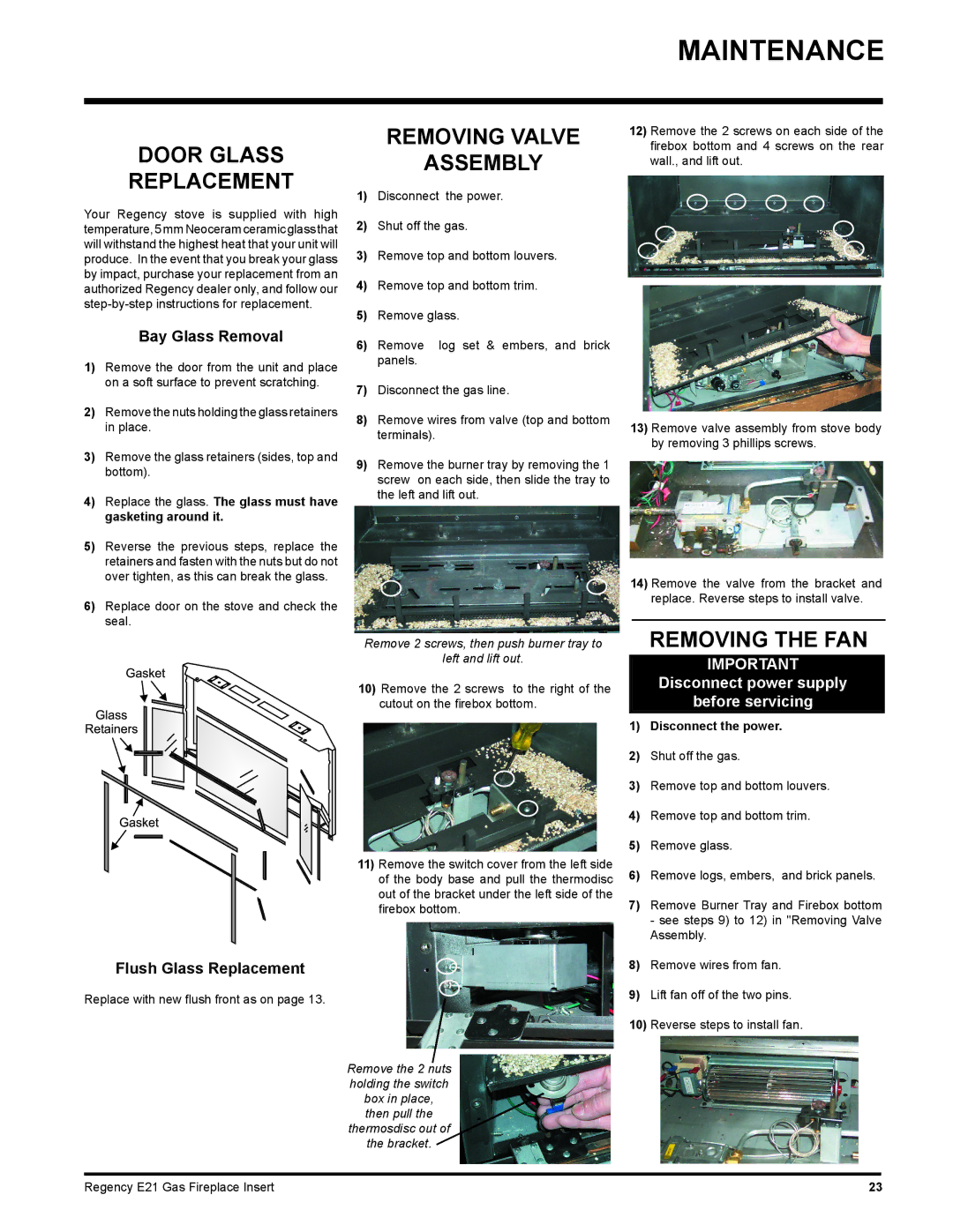 Regency E21-NG1, E21-LP1 Door Glass Replacement, Removing Valve Assembly, Removing the FAN, Bay Glass Removal 