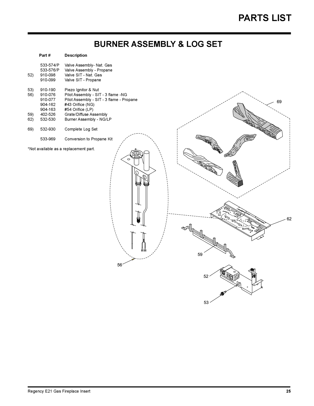 Regency E21-NG1, E21-LP1 installation manual Burner Assembly & LOG SET 