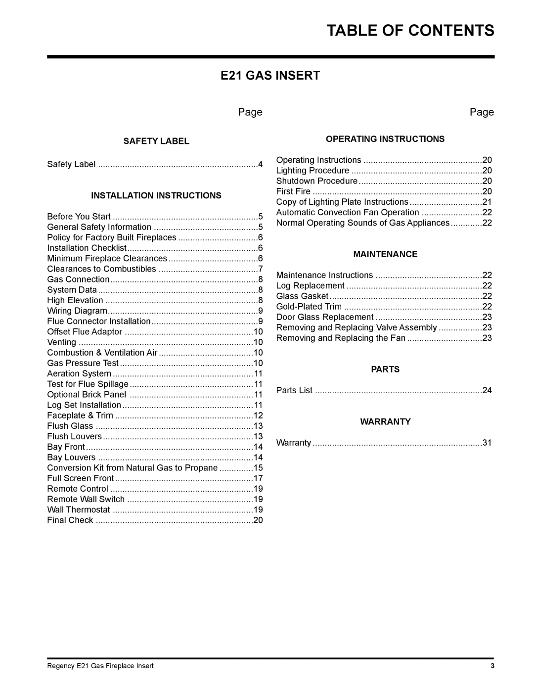 Regency E21-NG1, E21-LP1 installation manual Table of Contents 