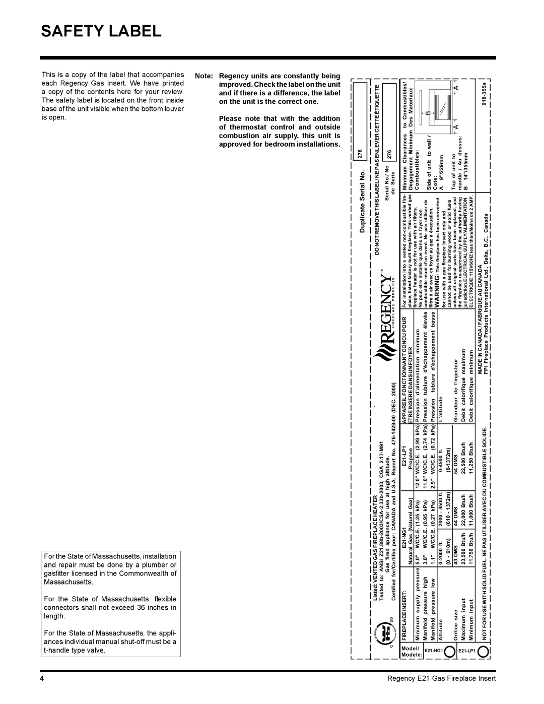 Regency E21-LP1, E21-NG1 Safety Label, Approved for bedroom installations, For the State of Massachusetts, installation 