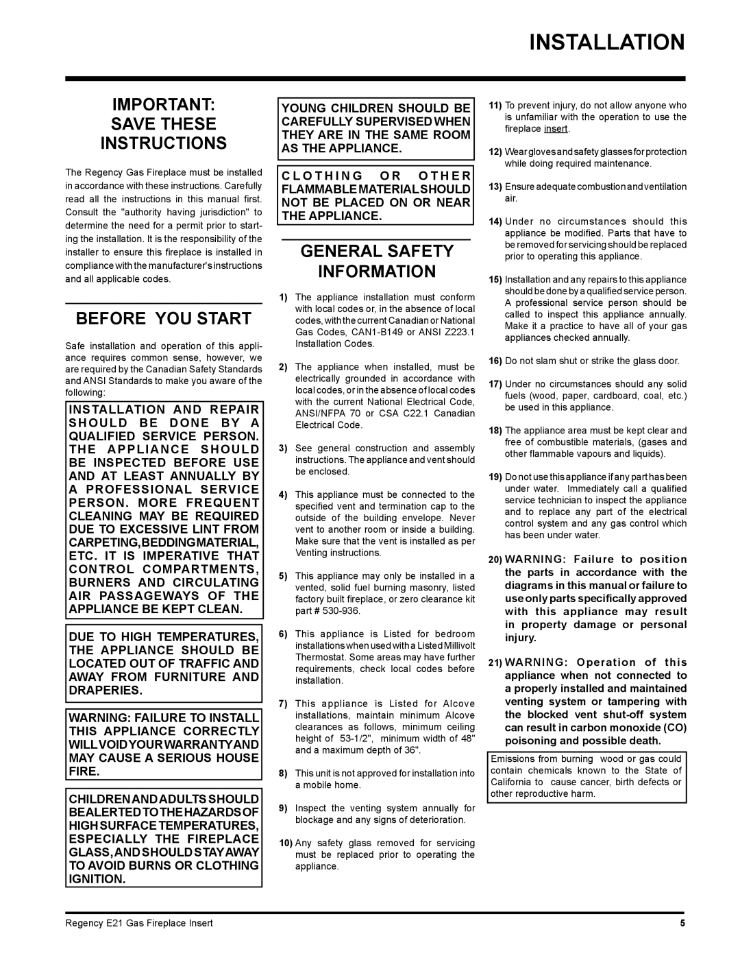 Regency E21-NG1, E21-LP1 installation manual Installation, Save These Instructions, Before YOU Start 